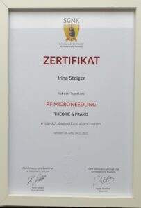 Zertifikat der Scheizerische Gesellschaft Medizinische Kosmetik für Radiofrenkfenz Mikroneedling RF-Microneedling.